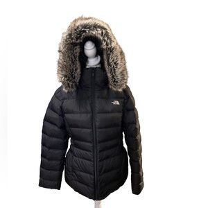 The North Face Women's Black Puffer Coat with Faux Fur Trim downfilled 550